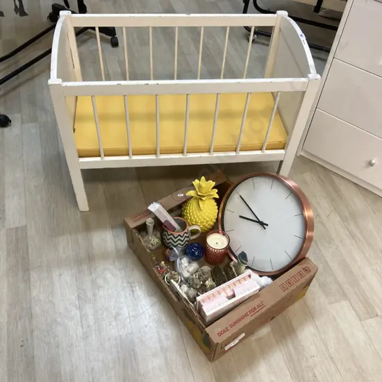 Vintage Wooden Dolls Cot. H59 W76 D39cm & Box Lot Of Assorted Including Ornaments, Clock Etc
